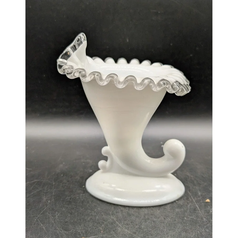 Fenton Milk Glass Silver Crest Ruffled Cornucopia Vase White Clear Edge Vintage